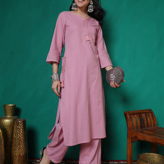 Women Lavender Cotton Flex Pocket Embroidery Kurta with Trouser Set