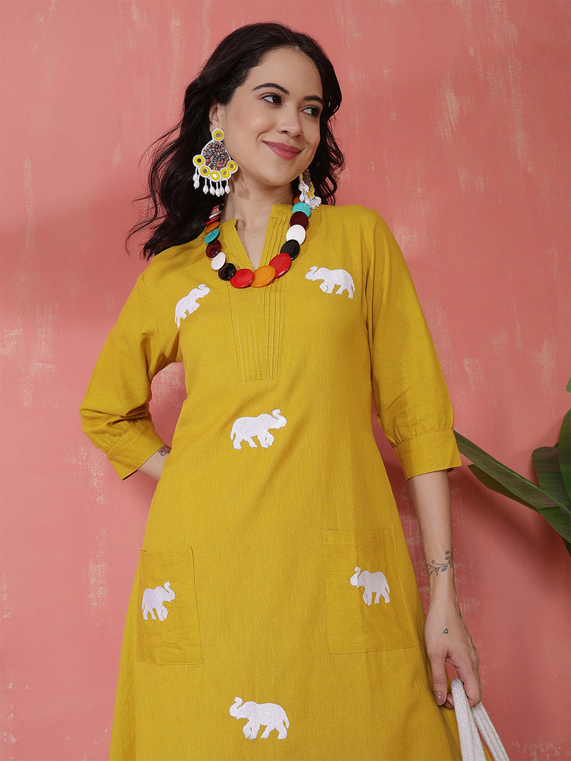 Women Mustard Solid Cotton A-line Kurta with Palazzo Set