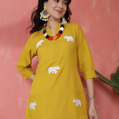Women Mustard Solid Cotton A-line Kurta with Palazzo Set