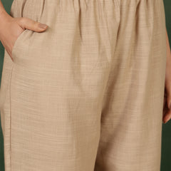 Women Cotton Beige Embroidery Top With Trouser Co-ord Set