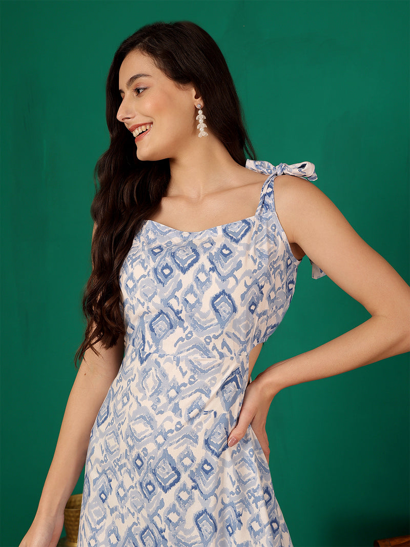 ANAISA Women Blue & White Printed Cut out Dress