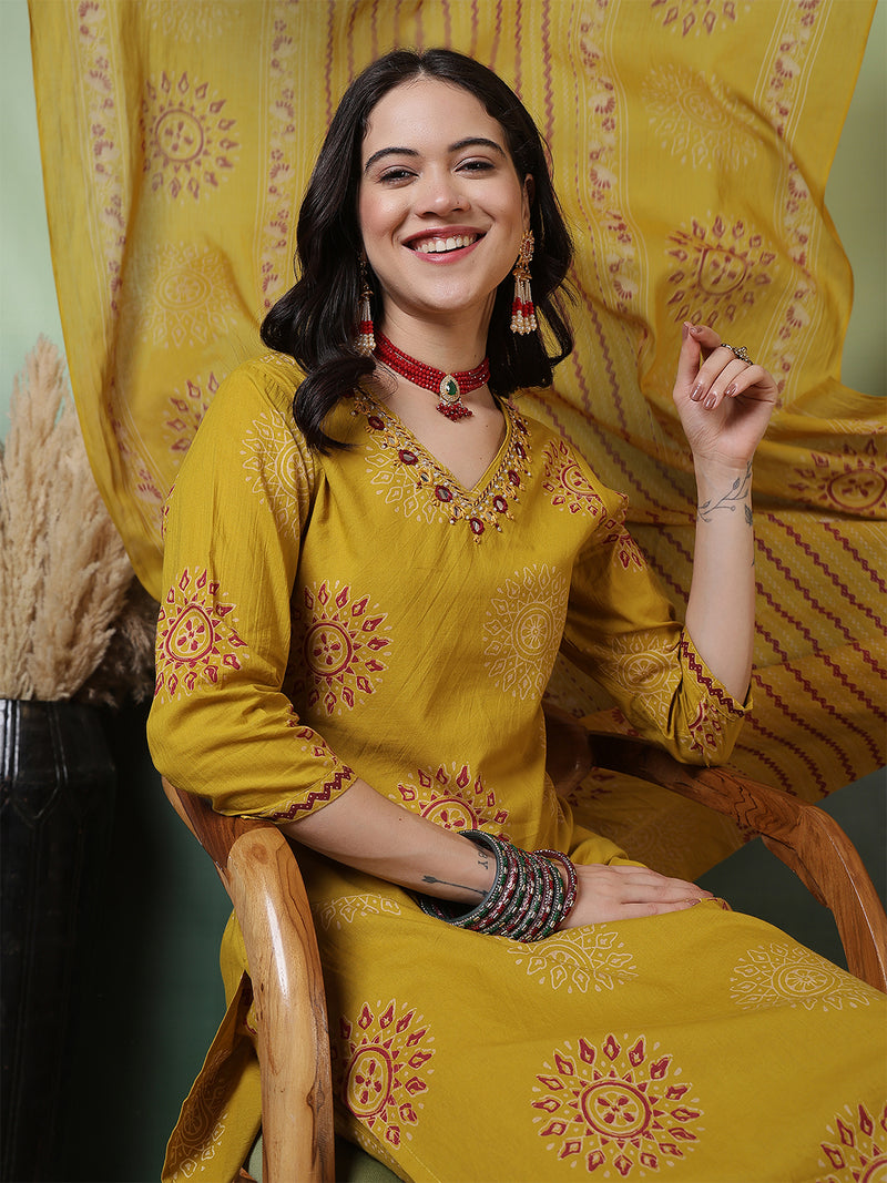 Women Pure Cotton Mustard Hand Work Yoke Printed Kurta with Trouser & Dupatta