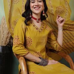 Women Pure Cotton Mustard Hand Work Yoke Printed Kurta with Trouser & Dupatta