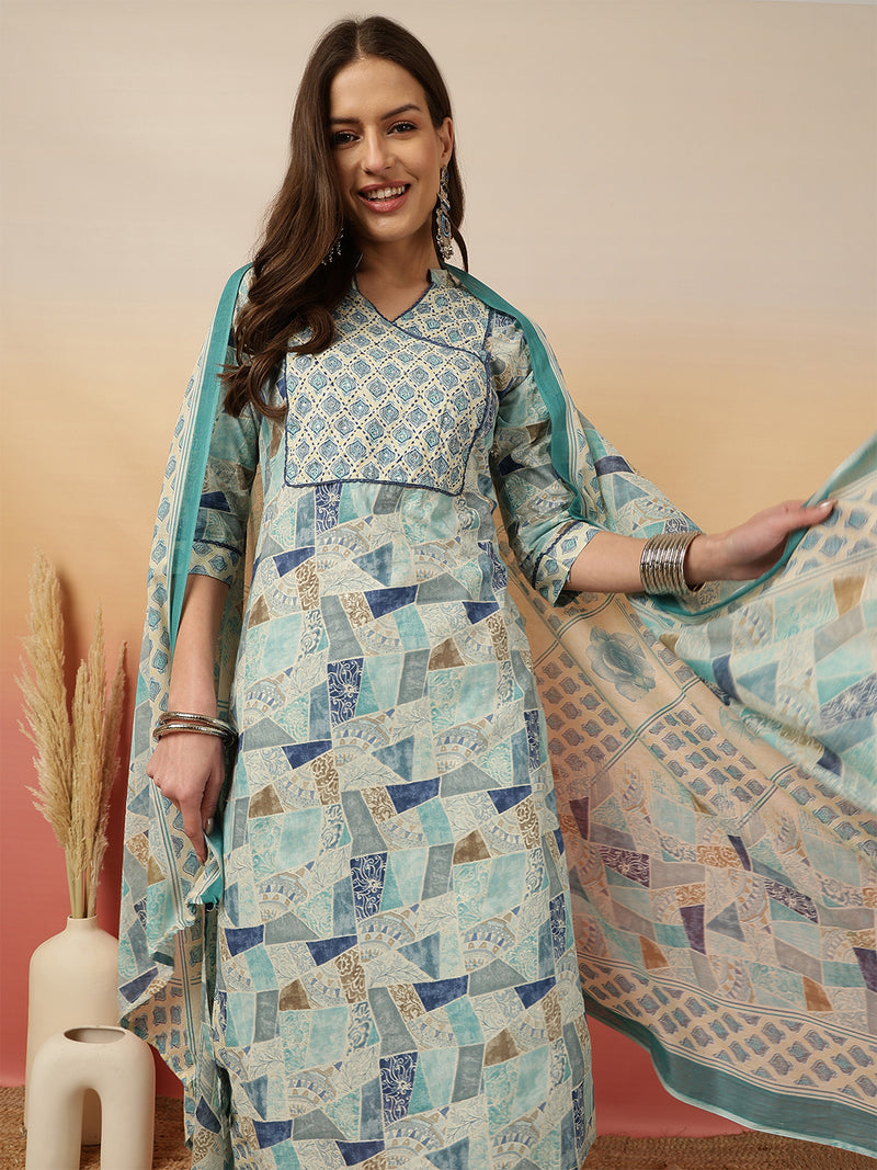 Women Blue Digital Printed V-neck Kurta with Trouser & Dupatta