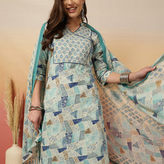 Women Blue Digital Printed V-neck Kurta with Trouser & Dupatta