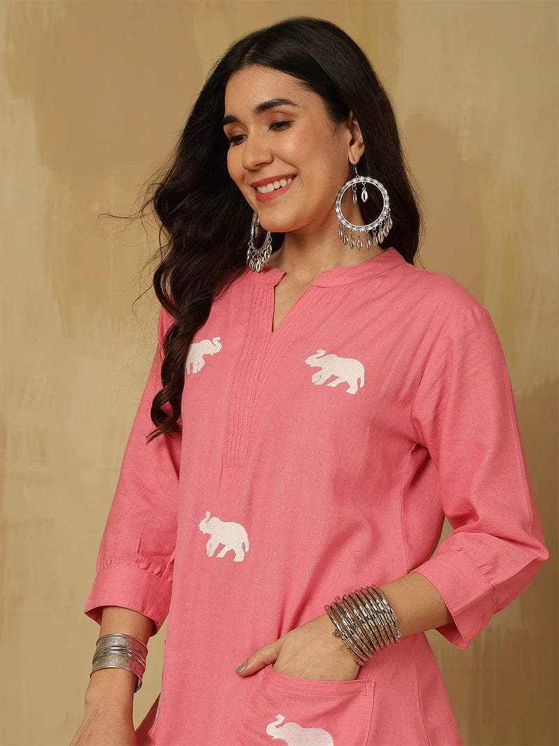 Women Solid Cotton Flex A-line Pocket Kurta with Palazzo Set