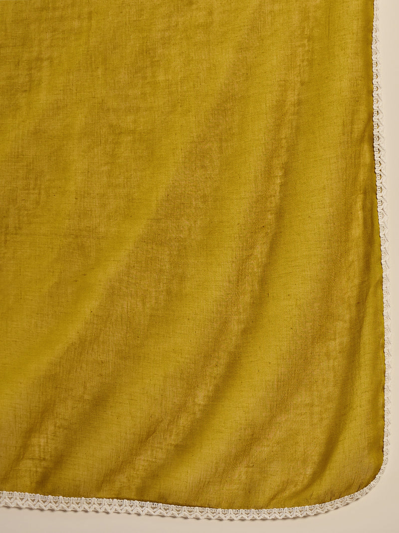 Women Mustard Pure Cotton Embroidery Yoke Anarkali Kurta with Trouser & Dupatta