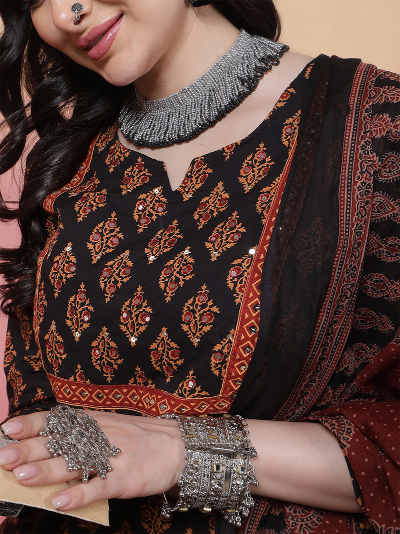 Women Black Cotton Hand Block Printed Kurta with Trouser & Dupatta