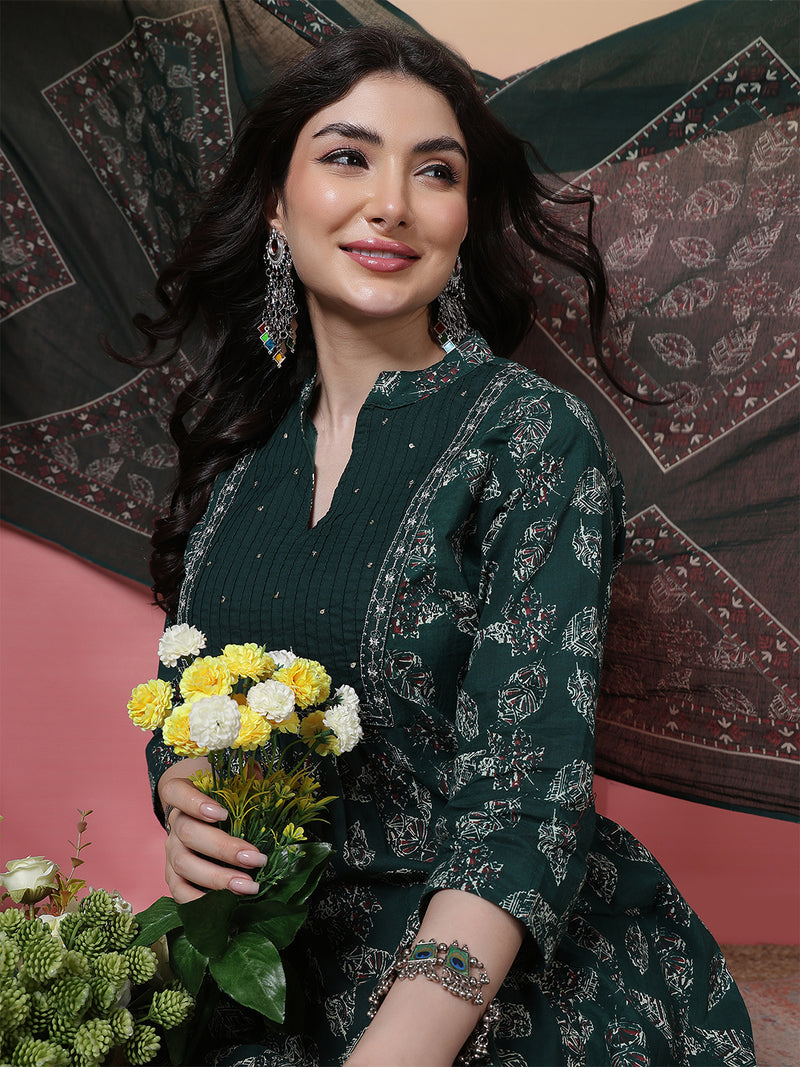 Women Green Floral Printed Hand Work Anarkali Kurta with Trouser & Dupatta