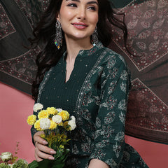 Women Green Floral Printed Hand Work Anarkali Kurta with Trouser & Dupatta
