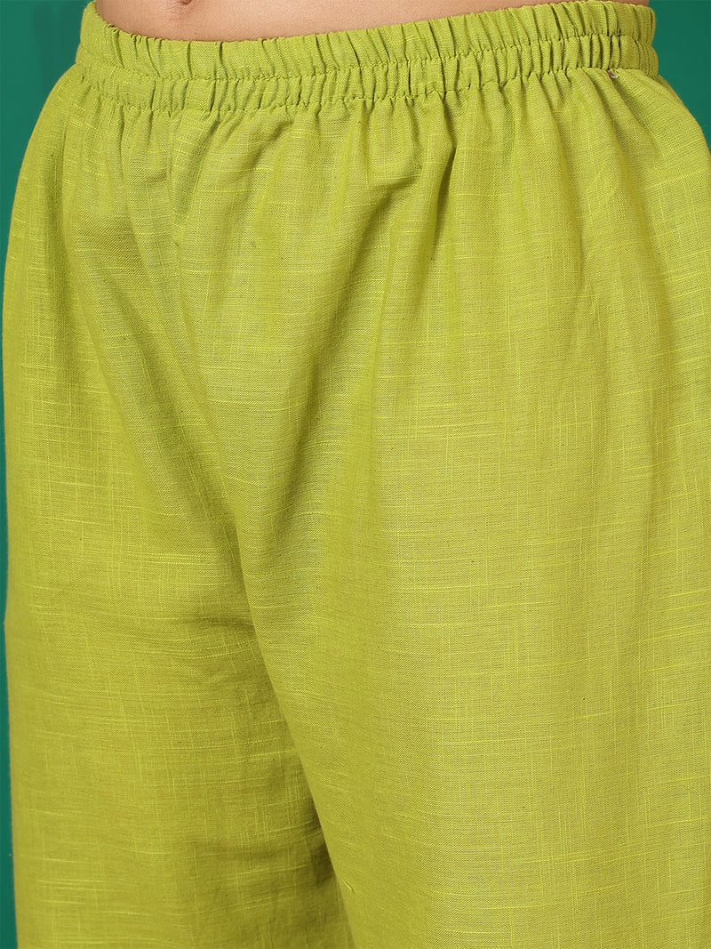 Women Cotton Lime Green Embroidery Top with Trouser Co-ord Set