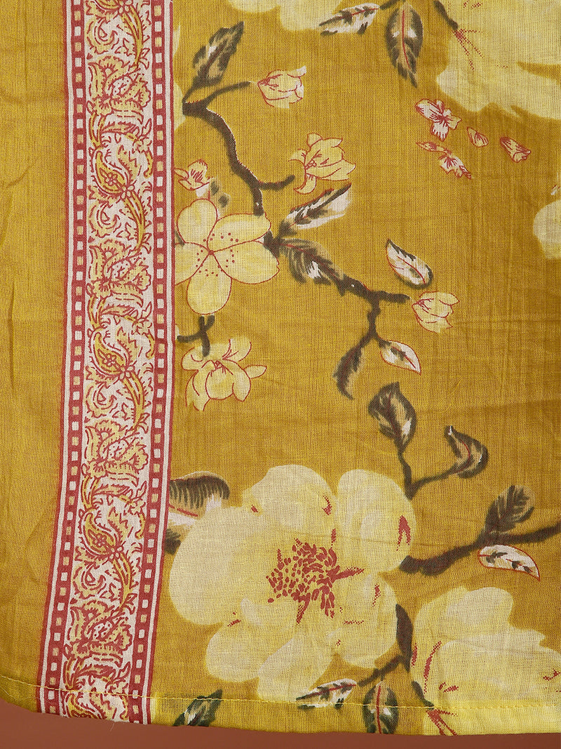 Women Yellow Floral Printed Yoke Embroidery V-neck Kurta with Trouser & Dupatta