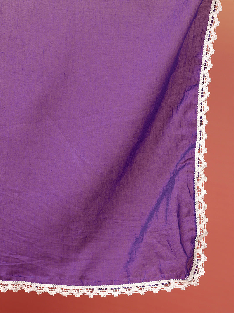 Women Cotton Purple Embroidery Anarkali Kurta with Trouser & Dupatta