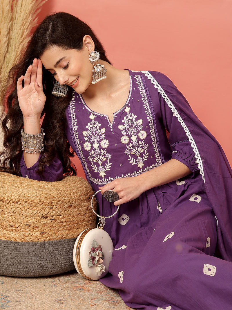 Women Cotton Purple Embroidery Anarkali Kurta with Trouser & Dupatta