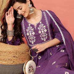 Women Cotton Purple Embroidery Anarkali Kurta with Trouser & Dupatta