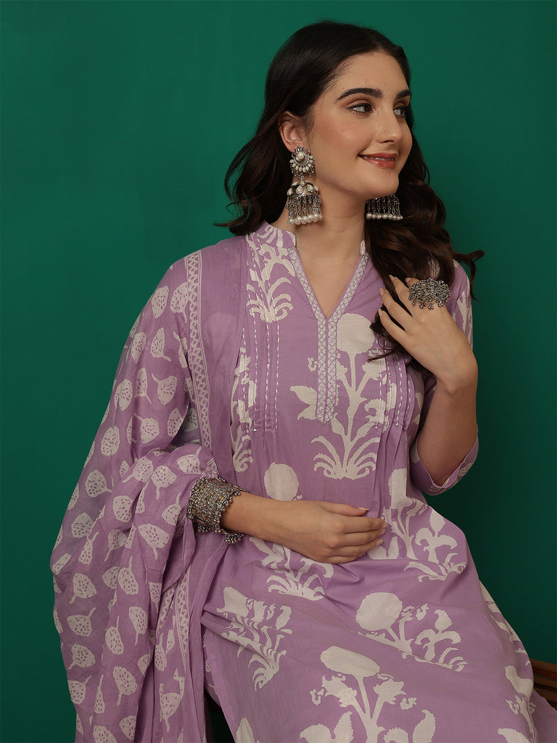 Women Purple Cotton Printed Straight Kurta with Trouser & Dupatta