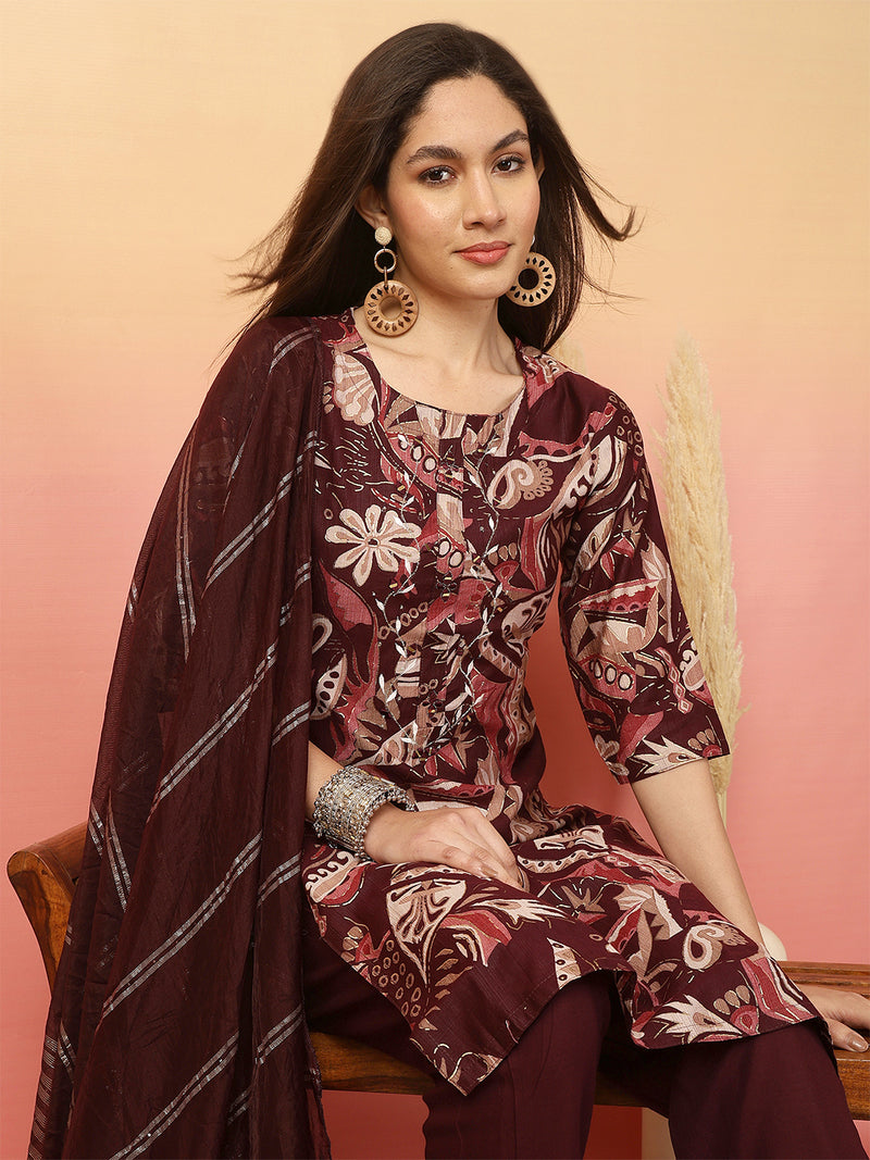 Women Wine Yoke Embroidery Kurta with Trouser & Dupatta