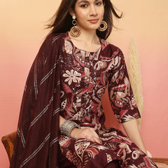 Women Wine Yoke Embroidery Kurta with Trouser & Dupatta