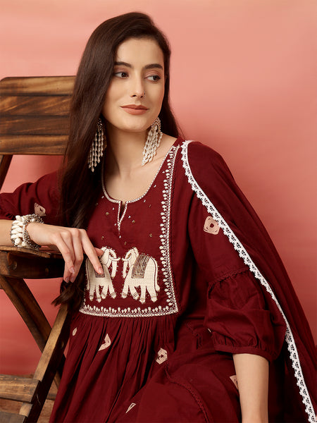 Women Pure Cotton Maroon Abstract Printed A-line Kurta with Palazzo Set