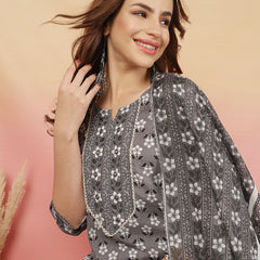 ANAISA Women Viscose Rayon Round Neck, Calf Length, Printed Kurta with Trouser & Dupatta