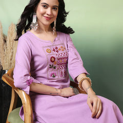 Women Lavender Cotton Flex Hand Work Kurta with Trouser Set