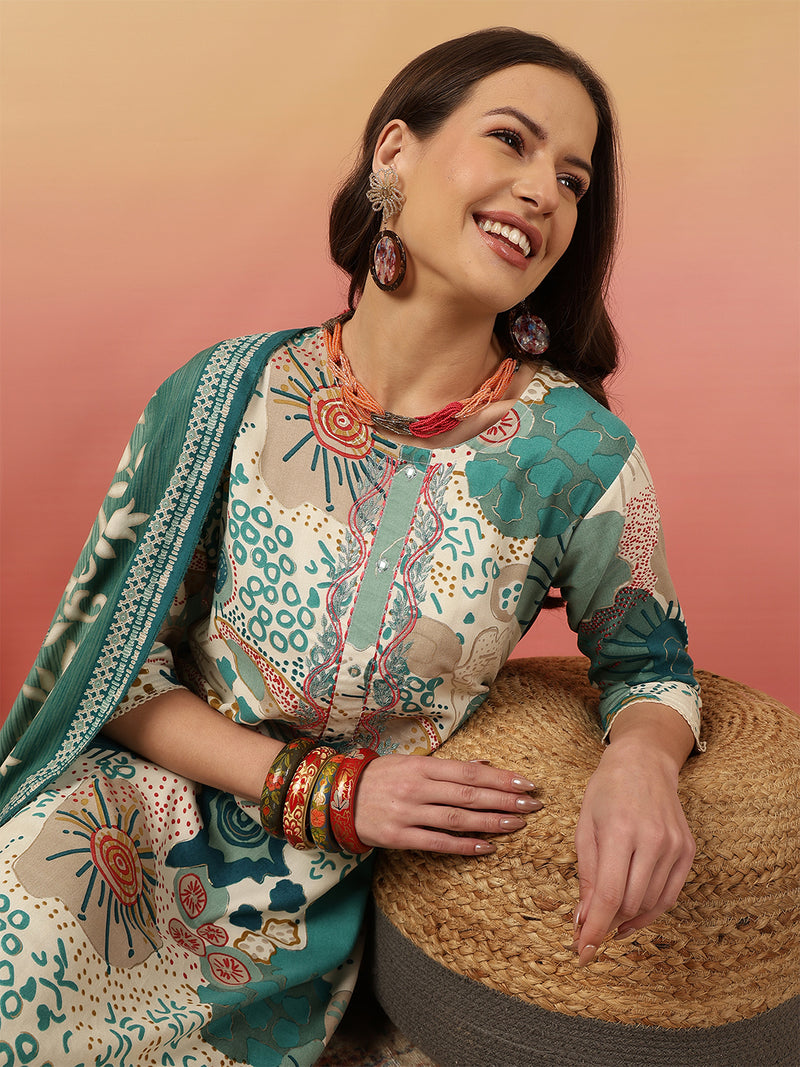 Women Blue Digital Printed Kurta With Trouser & Dupatta