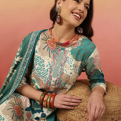 Women Blue Digital Printed Kurta With Trouser & Dupatta