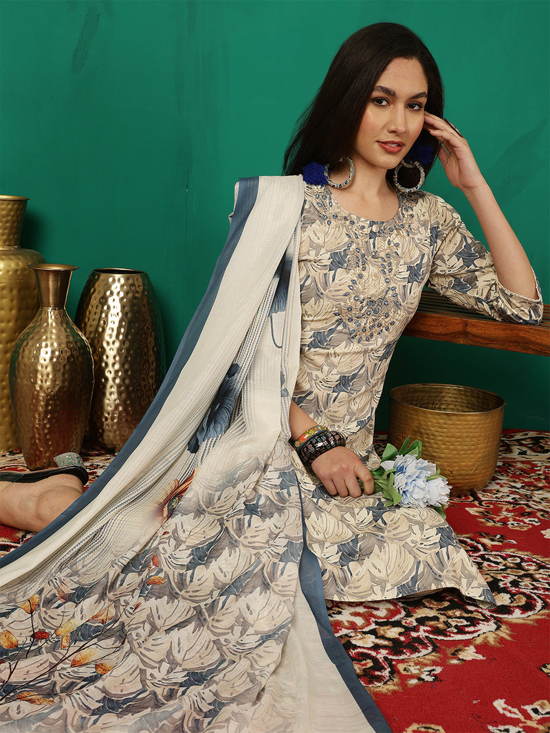 Women Ice Blue Yoke Embroidery Kurta with Trouser & Dupatta
