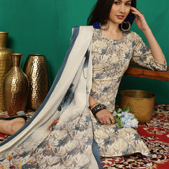 Women Ice Blue Yoke Embroidery Kurta with Trouser & Dupatta