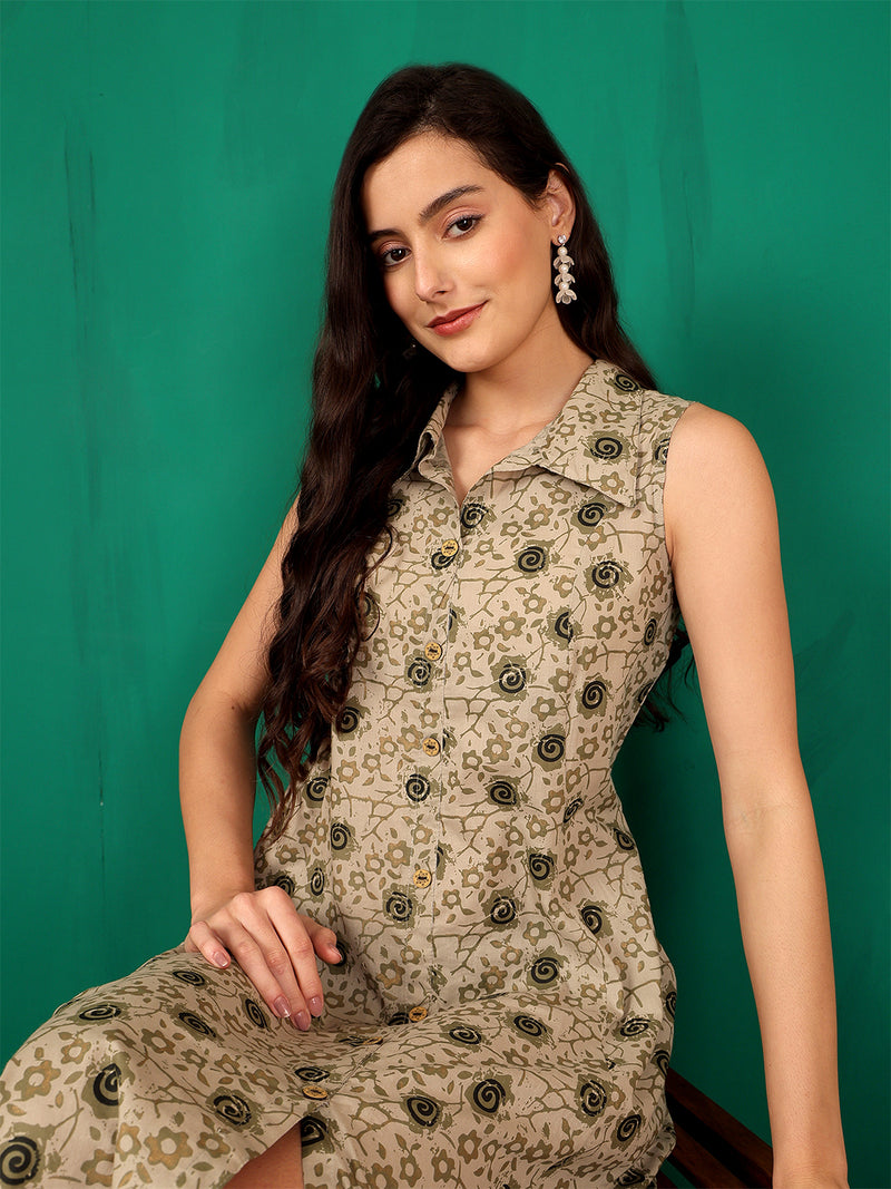 ANAISA Women Brown Printed Cotton Sleeveless, Collar Neck, Calf Length Midi Summer Dress