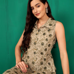 ANAISA Women Brown Printed Cotton Sleeveless, Collar Neck, Calf Length Midi Summer Dress