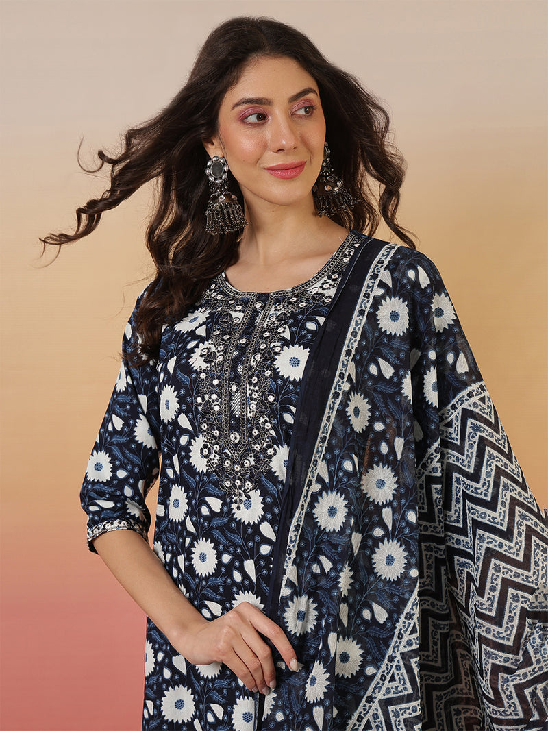 Women Floral Printed Blue Kurta With Trouser & Dupatta