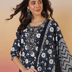 Women Floral Printed Blue Kurta With Trouser & Dupatta