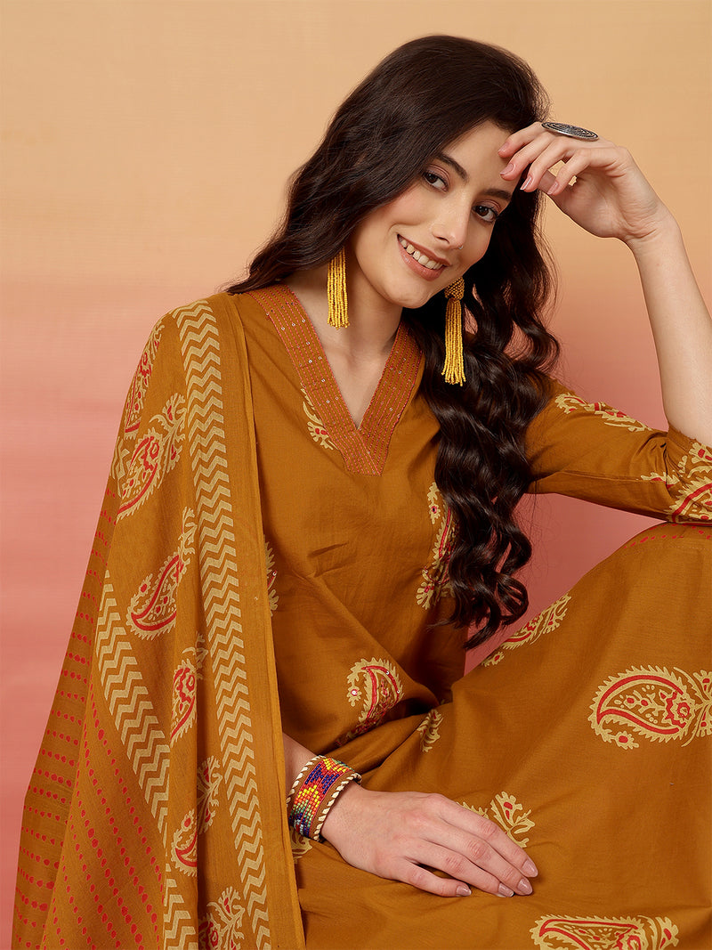 Women Mustard Cotton Printed V-neck Straight Kurta with Trouser & Dupatta