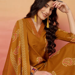 Women Mustard Cotton Printed V-neck Straight Kurta with Trouser & Dupatta