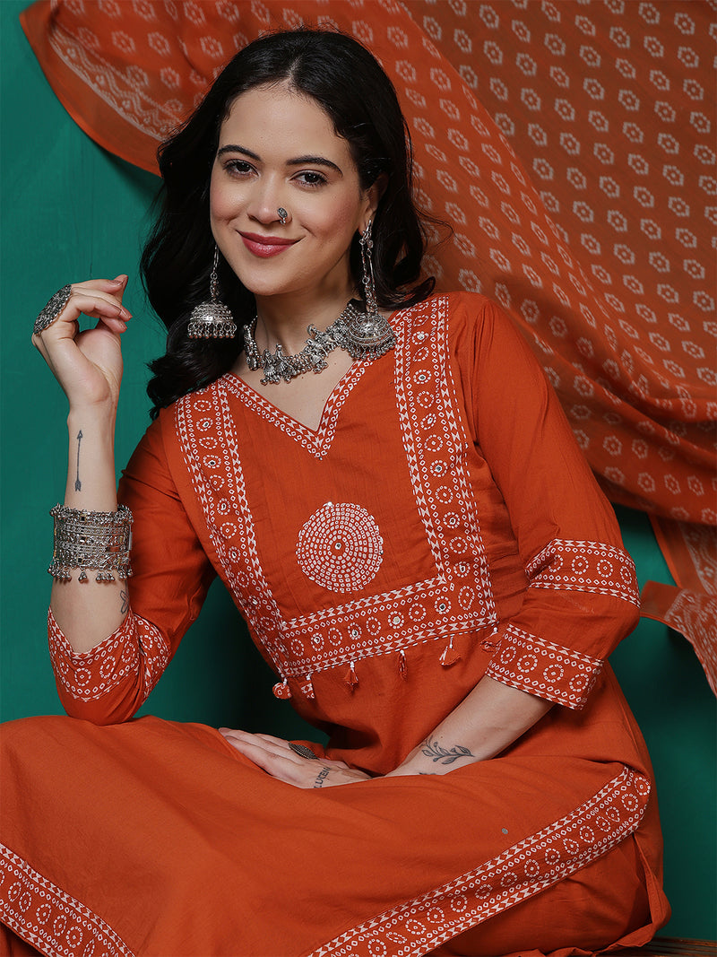 Women Cotton Bandhani Printed Kurta with Trouser & Dupatta