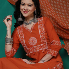 Women Cotton Bandhani Printed Kurta with Trouser & Dupatta