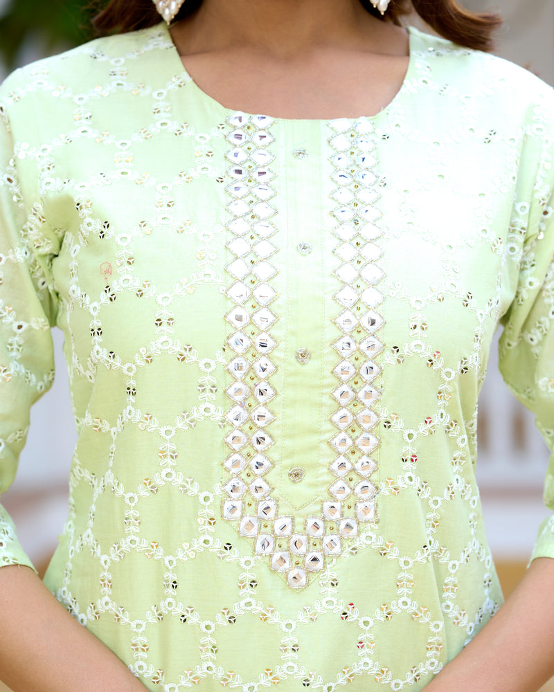 ANAISA Women cotton Schiffli embroidered Kurta with Trouser & Dupatta