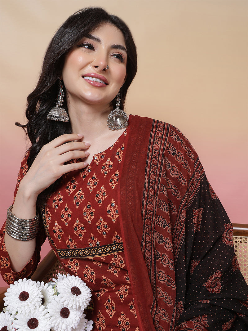 Women Cotton Hand Block Printed Kurta with Trouser & Dupatta