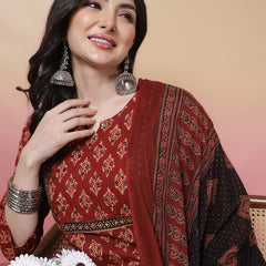Women Cotton Hand Block Printed Kurta with Trouser & Dupatta