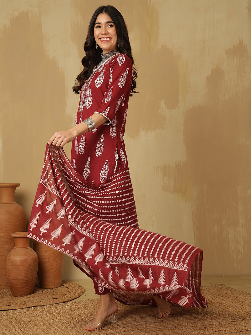 Women Wine Regular Wear Kurta With Trouser & Dupatta