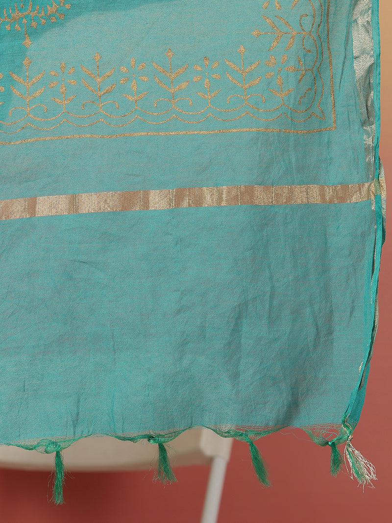 ANAISA Women Cotton Flex White Embroidery Kurta with Turquoise blue Palazzo with Dupatta