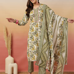 Women Olive Green Printed Yoke Embroidery Kurta with Trouser & Dupatta