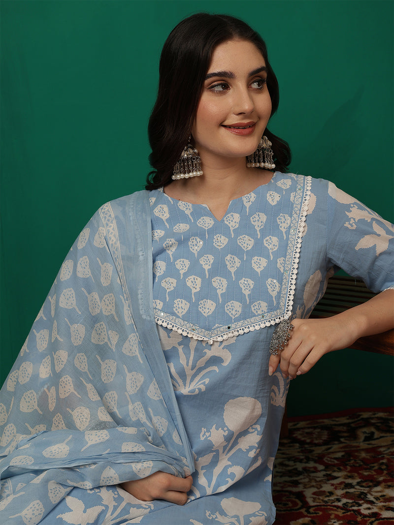 Women Iceblue Cotton Printed Round Neck Straight Kurta with Trouser & Dupatta