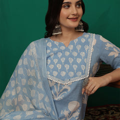 Women Iceblue Cotton Printed Round Neck Straight Kurta with Trouser & Dupatta