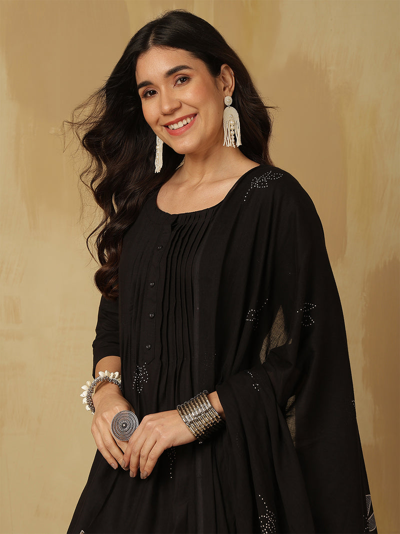 Women Black Cotton Discharge Printed A-Line Kurta With Trouser & Dupatta