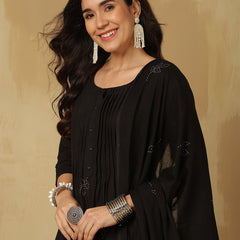 Women Black Cotton Discharge Printed A-Line Kurta With Trouser & Dupatta