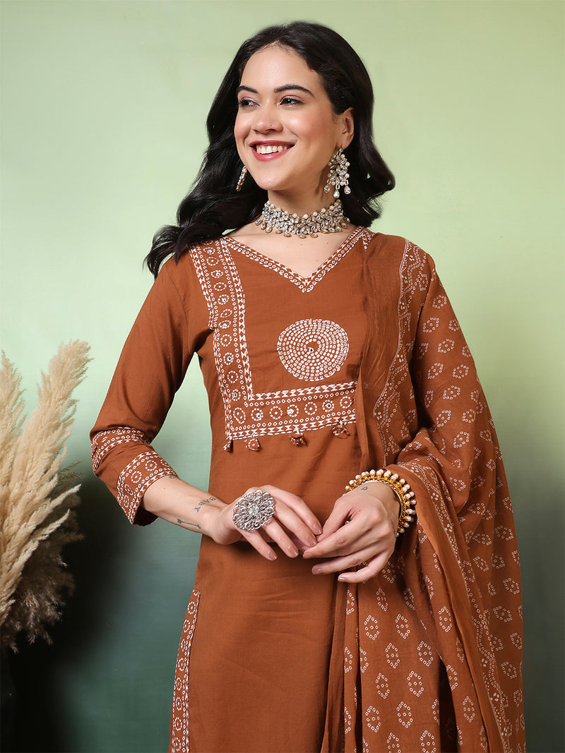Women Cotton Bandhani Printed Kurta with Trouser & Dupatta
