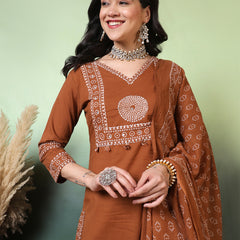 Women Cotton Bandhani Printed Kurta with Trouser & Dupatta