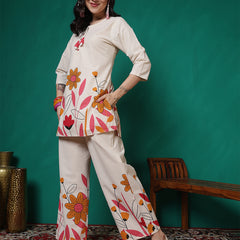 Women Cotton Flex Floral Printed Top with Trouser Co-ord Set